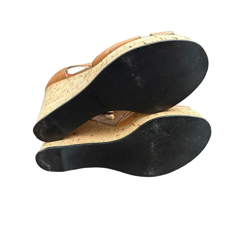 CHLOE Tan Cork Wedge Sandals